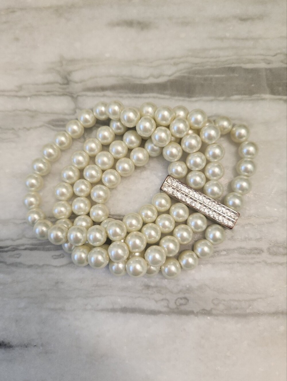 Classic White Faux Pearl Multi-Strand Bracelet with Crystal Bar Accent